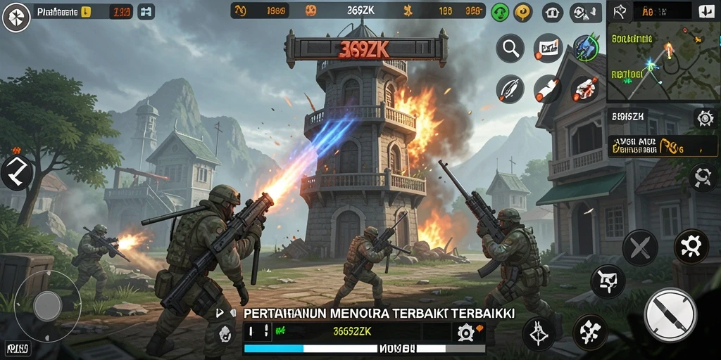 Tangkap layar gameplay 369ZK yang menampilkan pertahanan menara yang strategis.