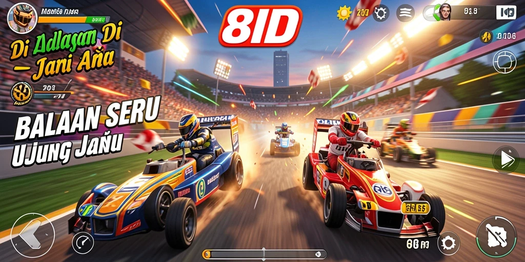 Gameplay balap mendebarkan dalam 8ID dengan mobil kustom dan lintasan menarik.