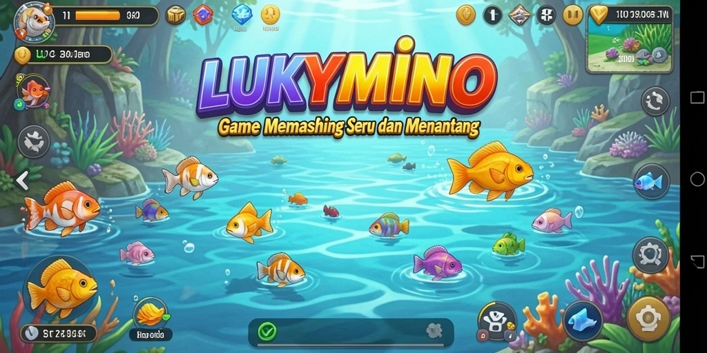 Tangkapan layar gameplay LUKYMINO dengan pemandangan memancing yang menakjubkan.