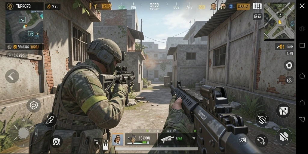 Skrinsut gameplay TURBO78 menampilkan aksi tembak-menembak yang mendebarkan.